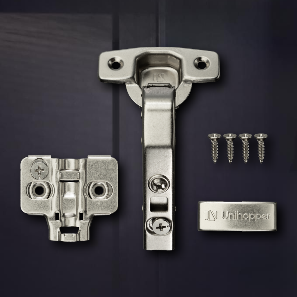 фото Угловая 90° 3D петля UNIHOPPER для фальшпанели с доводчиком, 45мм, с декоративной накладкой