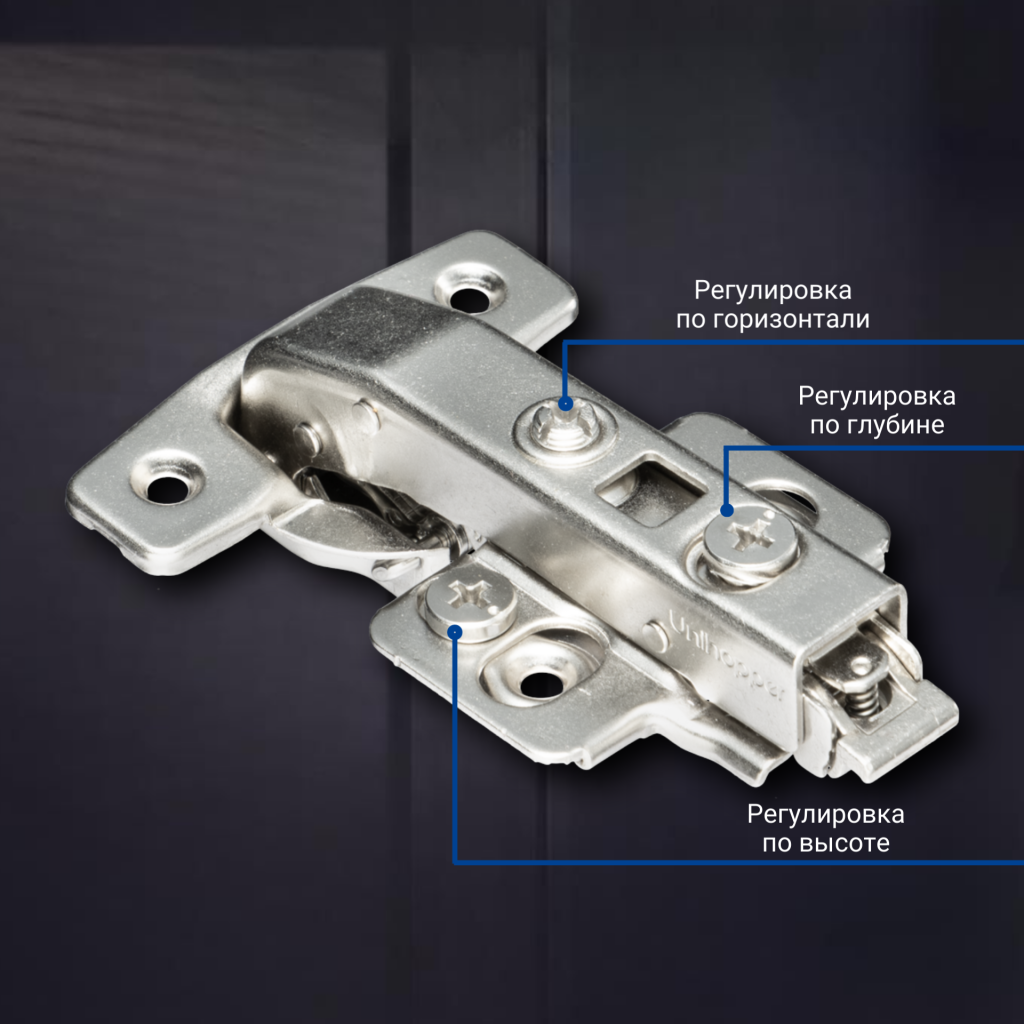 фото Угловая 90° 3D петля UNIHOPPER для фальшпанели с доводчиком, 45мм, с декоративной накладкой