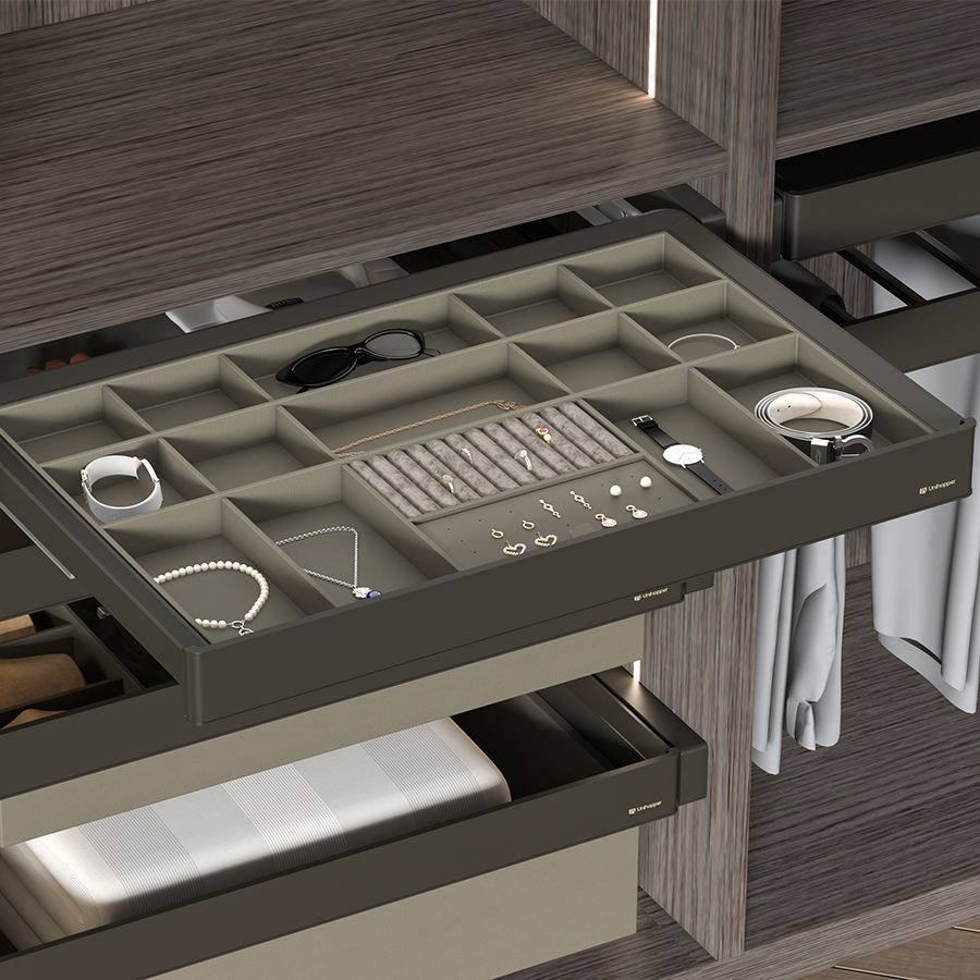 фото Выдвижная полка для аксессуаров серая кожа Unihopper в базу 600мм с доводчиком clip-on MONIKA