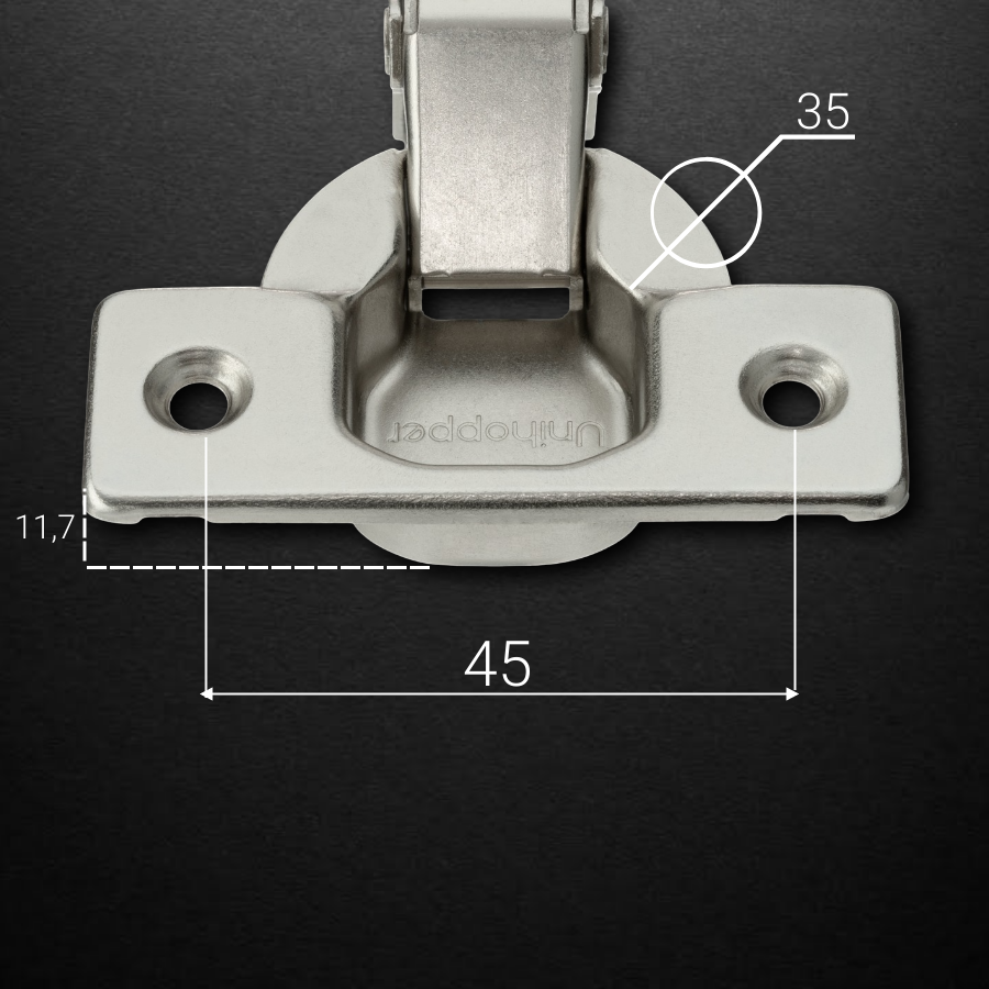 фото Полунакладная 3D петля UNIHOPPER HUTTON с регулируемым доводчиком, 45мм,  планка H2, с декоративной накладкой, никель