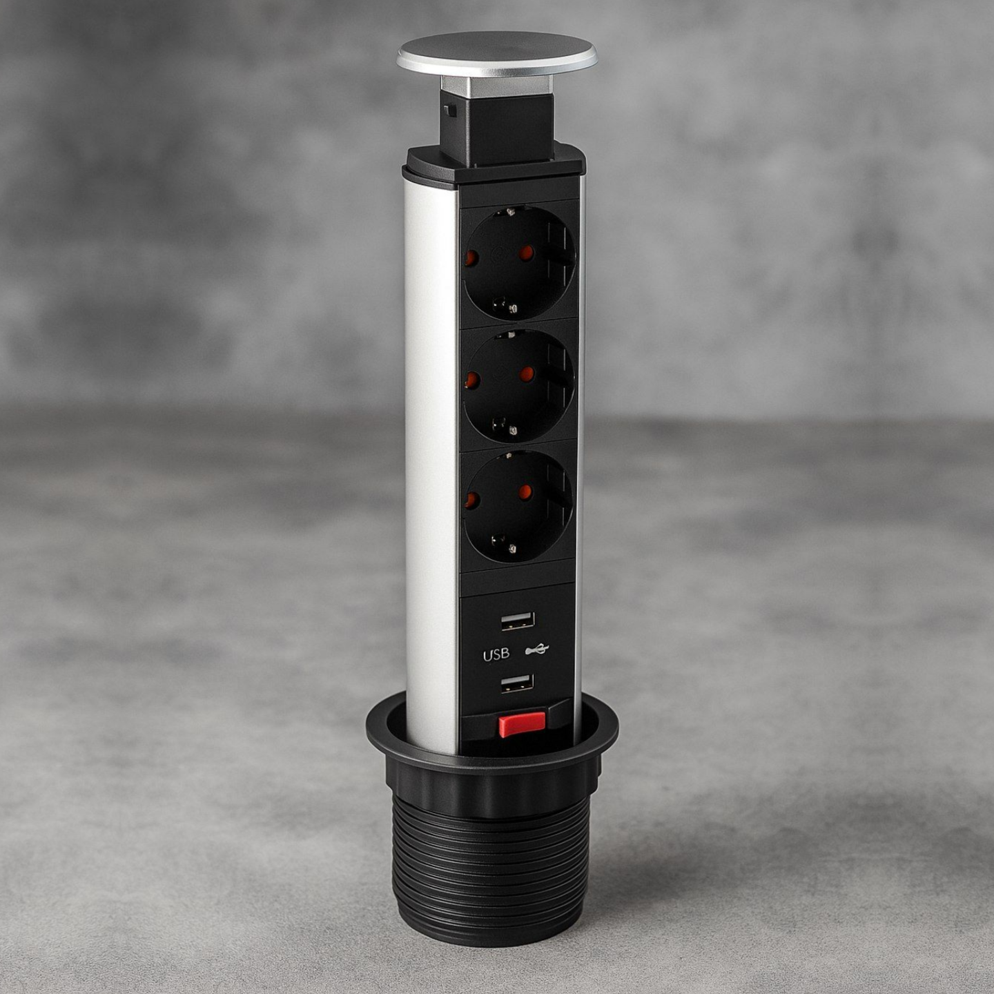 фото Блок розеток выдвижной вертикальный 3 розетки EURO. 2USB. (301х85) .серебро (11,103,09,012)