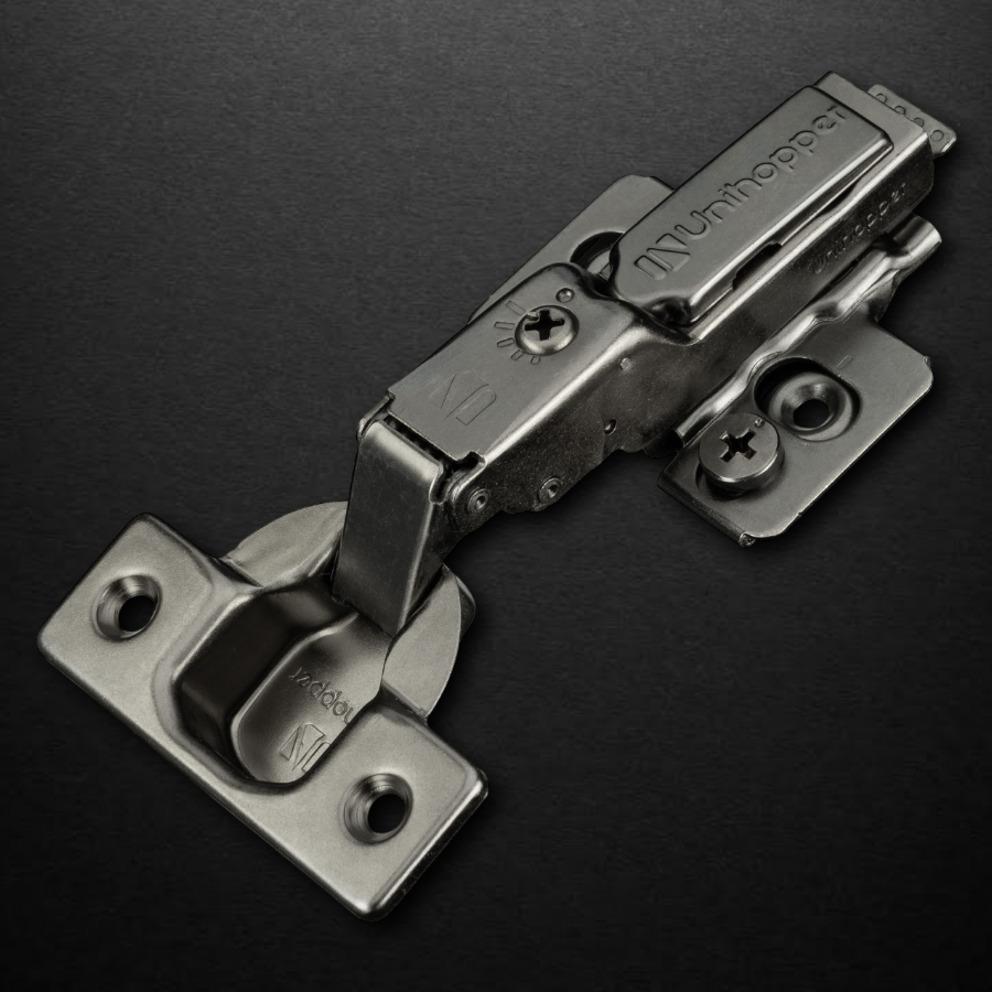 фото Полунакладная 3D петля UNIHOPPER HUTTON с регулируемым доводчиком, 45мм, планка H2, с декоративной накладкой, черный никель