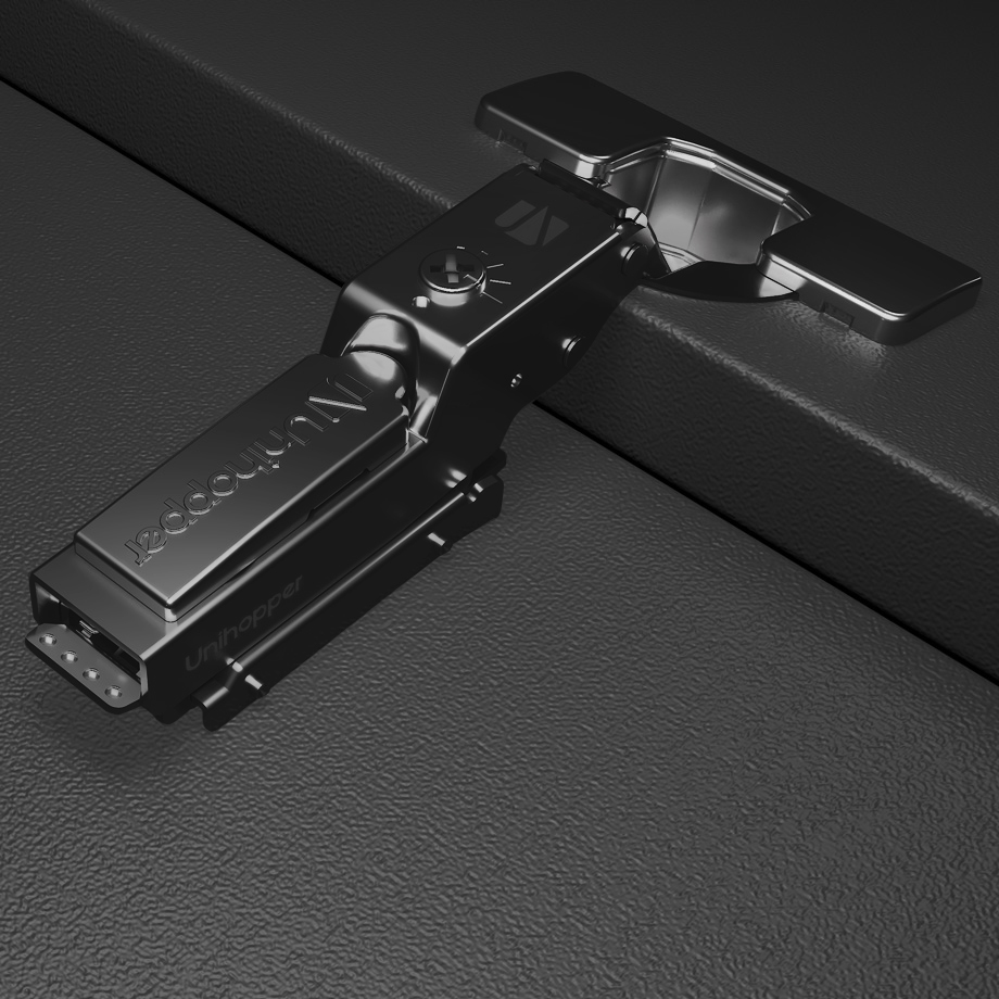 фото Полунакладная петля UNIHOPPER HUTTON с регулируемым доводчиком, с линейной планкой, 45мм, черный никель