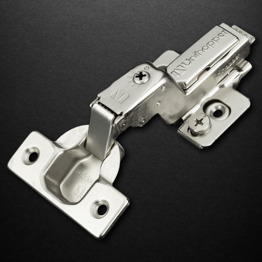 фото Вкладная 3D петля UNIHOPPER HUTTON с регулируемым доводчиком, 45мм, планка H2, с декоративной накладкой, никель