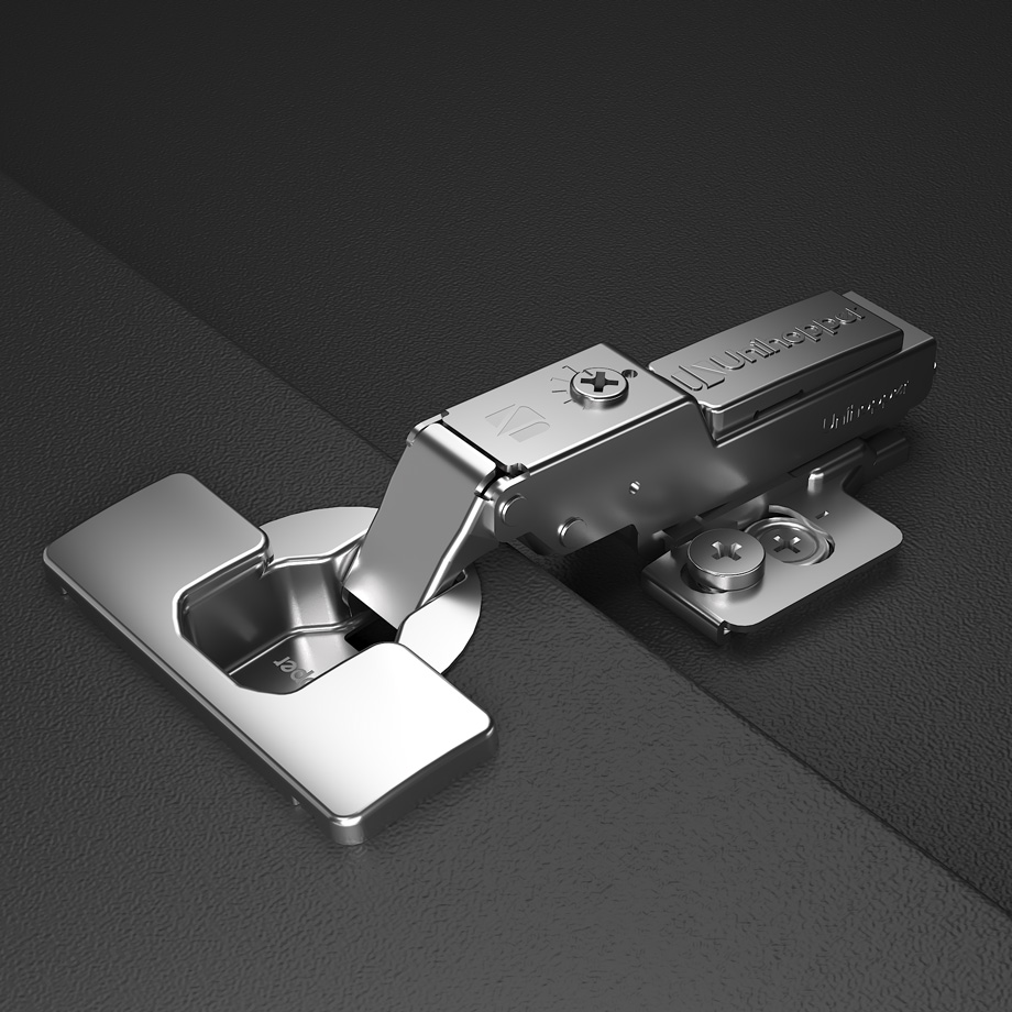 фото Полунакладная 3D петля UNIHOPPER HUTTON с регулируемым доводчиком, 45мм,  планка H2, с декоративной накладкой, никель