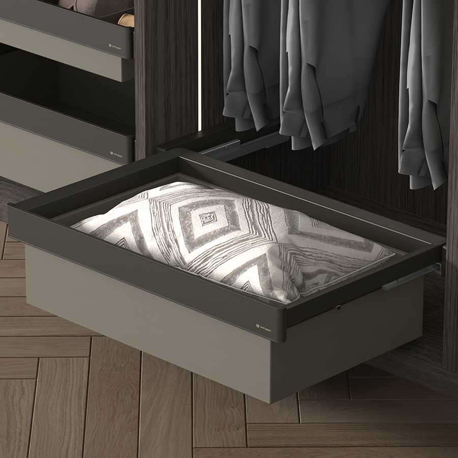 фото Выдвижная корзина серая кожа Unihopper в базу 600мм с доводчиком clip-on MONIKA